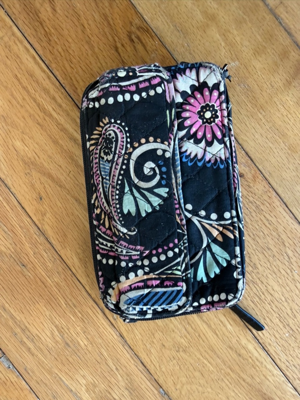 Vera Bradley Black Floral Quilted Wallet with Pink, Teal, Cream Accents